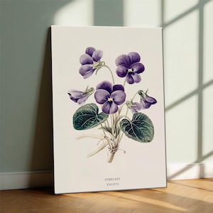 May include: A framed botanical print featuring a detailed illustration of violets. The artwork showcases vibrant purple flowers with yellow centers, complemented by green leaves. The text "FEBRUARY VIOLETS" is printed at the bottom. The print is leaning against a wall.