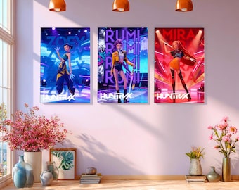 Set of 3 Custom KPOP-Inspired Hunter Framed Painting,Personalized Posters for Kids Room,Featuring Rumi, Mira & Zoey,Gift for Kpop Anime Fans