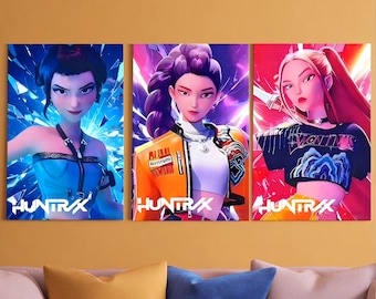Set of 3 Custom KPOP-Inspired Hunter Framed Painting,Personalized Posters for Kids Room,Featuring Rumi, Mira & Zoey,Gift for Kpop Anime Fans