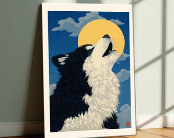 Ukiyo-e Style Wolf Howling at the Moon Decorative Print  Full Moon Blue Sky Pattern Traditional Japanese Art Vintage  Decorative Painting