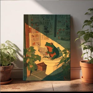 Puede incluir: Impresi&oacute;n art&iacute;stica en lienzo que muestra una rana verde con detalles rojos leyendo un peri&oacute;dico en un inodoro. La obra de arte est&aacute; ambientada en un ba&ntilde;o de est&eacute;tica vintage, rodeado de plantas e iluminado por la luz solar.