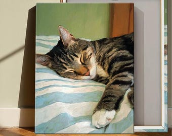 Healing Tabby Cat Sleeping Oil Painting Decorative Picture,Cat Wall Art, Cat Poster, Cat Print, Sleeping Cat Art, Tabby Cat Gift, Pet Decor