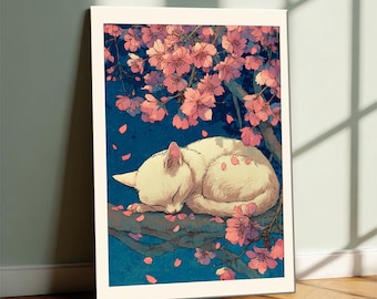 Ukiyo-e-Stil Weiße Katze schläft auf Kirschblütenzweig Illustration, rosa Kirschblüten Hintergrund Warmer japanischer dekorativer Druck