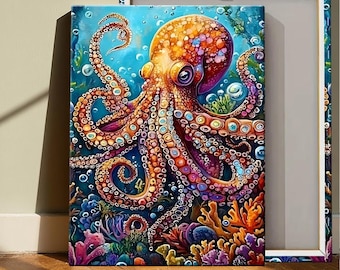 Cuadro decorativo enmarcado de pulpo colorido, vibrante arte mural de pulpo oceánico, decoración para sala de estar o dormitorio, regalo para amantes de la vida marina.