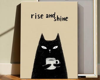 Healing Black Cat Coffee Cup Illustration Decorative Painting Literary,Minimal Morning Art, Grumpy Cat Decor ,Sleepy Cat Drinking Coffee