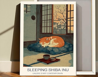 Puede incluir: Una impresión artística enmarcada que presenta un perro Shiba Inu durmiendo sobre un cojín azul. La obra de arte tiene una estética japonesa, con una vista de cerezos en flor. Incluye el texto "SLEEPING SHIBA INU" y "GALERIE D'ART CONTEMPORAIN".