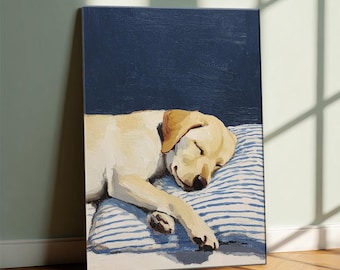 Healing Labrador Retriever Sleeping Oil Painting Decorative Picture Blue and White Stripes ,Calm Style Elegant Dog Poster