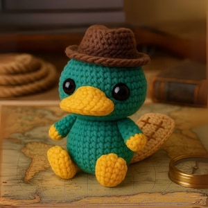 Crochet platypus plush, Handmade amigurumi duck beaver toy, Cute stuffed animal with hat, Crochet Perry doll, gift for kids and fans