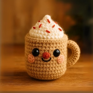 Crochet Hot Cocoa Mug Plush, Handmade Amigurumi Cup with Whipped Cream and Sprinkles, Cute Christmas Crochet Decor, Holiday Gift Idea