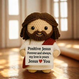 Handmade Crochet Jesus Doll, Positive Amigurumi Jesus with Love Message, Inspirational Christian Gift, Cute Desk Decor, Handmade Toy