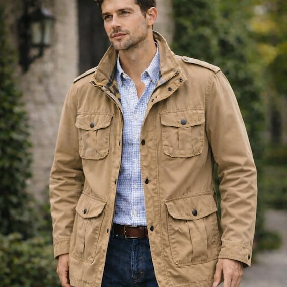 Vtg BARBOUR Men's L Washed Twill Trooper Field Jacket Tan Rugged