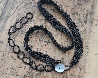 Vintage Black Glass Beaded Belt Buy Antique Victorian Mourning Jet Black Glass Beaded  main image 3