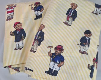 VTG Ralph Lauren Polo Bear Twin Sheet Set Yellow Pinstripe 100% Cotton USA