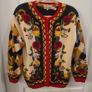 Suéter tipo cárdigan con tapiz floral vintage - Suéter de punto Dark Academia de los años 90 - Cárdigan festivo de estilo rústico con estampado de arte popular, talla pequeña