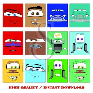Bundle de cliparts SVG visages de voitures, cliparts de dessins animés de conception de t-shirt de voitures, sublimation de voitures, matériel de remorquage Lightning McQueen, cliparts de personnages de voitures