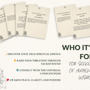 May include: Cream-colored cards with text in English and Sanskrit, featuring spiritual mantras and affirmations. The cards are arranged on a light background with the words "WHO IT'S FOR" and "FOR SEEKERS OF AUTHENTIC WISDOM".