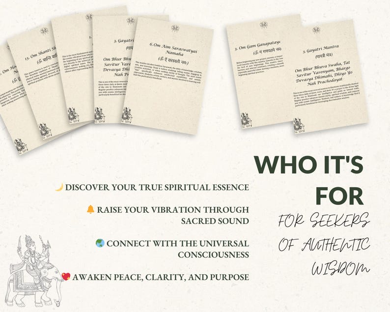 May include: Cream-colored cards with text in English and Sanskrit, featuring spiritual mantras and affirmations. The cards are arranged on a light background with the words "WHO IT'S FOR" and "FOR SEEKERS OF AUTHENTIC WISDOM".