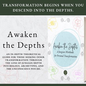Può includere: Un libro intitolato "Awaken the Depths" con il sottotitolo "A Jungian Workbook for Personal Transformation". La copertina presenta un cerchio azzurro con il titolo e disegni lineari decorativi. Il dorso del libro è visibile e il testo "TRANSFORMATION BEGINS WHEN YOU DESCEND INTO THE DEPTHS" è in alto.