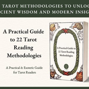 Può includere: Immagine di un libro intitolato "A Practical Guide to 22 Tarot Reading Methodologies". La copertina presenta un disegno a ghirlanda verde con illustrazioni. Il titolo del libro è anche visualizzato in testo grande a sinistra.