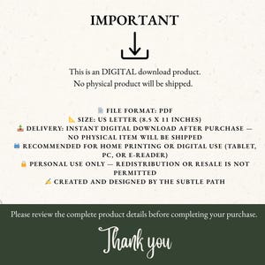 May include: Cream-colored digital download product information sheet with the word "IMPORTANT" at the top, followed by details about the file format, size (8.5 x 11 inches), and usage restrictions. The text "Thank you" is at the bottom.