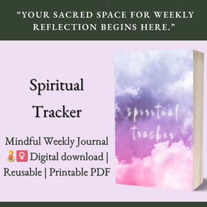 Può includere: Un diario scaricabile digitalmente intitolato "Spiritual Tracker" con una copertina con un design di nuvole viola e bianche da sogno. Il testo sulla copertina recita "spiritual tracker". Il diario è descritto come un diario settimanale consapevole, riutilizzabile e un PDF stampabile.