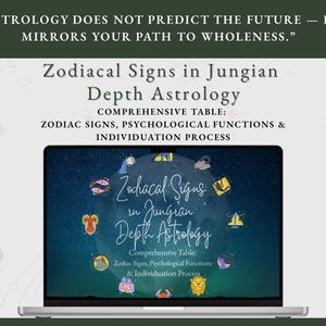 Puede incluir: Una computadora portátil muestra un gráfico sobre "Signos zodiacales en astrología profunda junguiana". La pantalla muestra símbolos del zodiaco y texto: "Tabla completa: Signos del zodiaco, funciones psicológicas y proceso de individuación". La pancarta superior dice: "LA ASTROLOGÍA NO PREDICE EL FUTURO - REFLEJA TU CAMINO HACIA LA INTEGRIDAD."