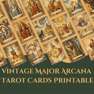 Può includere: Una collezione di carte dei tarocchi dei Arcani Maggiori vintage con illustrazioni dettagliate e bordi ornati. Le carte presentano immagini di figure, corpi celesti ed elementi simbolici. Il testo "VINTAGE MAJOR ARCANA TAROT CARDS PRINTABLE" è visibile.