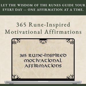 Può includere: Un computer portatile mostra il testo "365 Affermazioni Motivazionali Ispirate alle Rune". Lo schermo mostra il titolo in un carattere stilizzato, con simboli runici decorativi. La parte superiore dell'immagine recita: "Lascia che la saggezza delle rune guidi ogni giorno - un'affermazione alla volta."