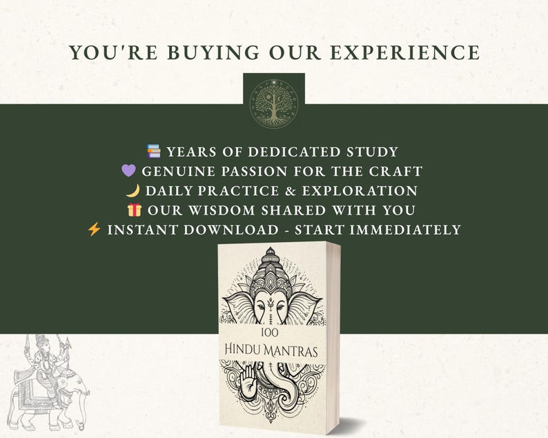May include: A book titled "100 Hindu Mantras" with an illustration of a deity. The image includes text: "YOU'RE BUYING OUR EXPERIENCE" and bullet points: "YEARS OF DEDICATED STUDY", "GENUINE PASSION FOR THE CRAFT", "DAILY PRACTICE & EXPLORATION", "OUR WISDOM SHARED WITH YOU", and "INSTANT DOWNLOAD - START IMMEDIATELY".