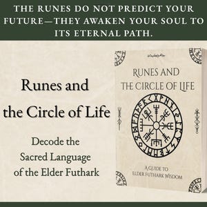 Può includere: Un libro intitolato "Runes and the Circle of Life" con una copertina color crema. La copertina presenta un disegno circolare con simboli runici e il testo "Runes and the Circle of Life". Il sottotitolo del libro è "Decode the Sacred Language of the Elder Futhark."