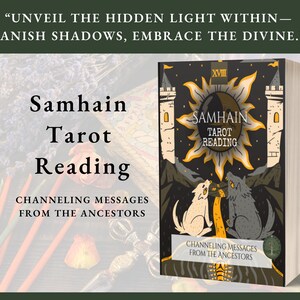 May include: A book cover for a Samhain Tarot Reading. The cover features a black background with a yellow sun design and two wolves. Text includes "Samhain Tarot Reading" and "Channeling Messages From The Ancestors."