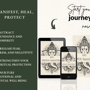 May include: An image featuring a tablet, smartphone, and book, all displaying the cover of "100 Hindu Mantras." The book and devices have a cream-colored background with a detailed illustration of a deity. Text includes "Manifest, Heal, Protect."