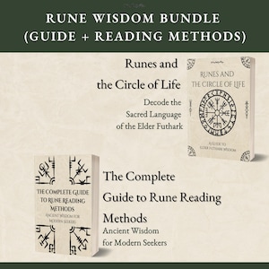 Può includere: Immagine di un pacchetto di saggezza runica, con due libri. Un libro è intitolato "Runes and the Circle of Life" con un design circolare. L'altro libro è intitolato "The Complete Guide to Rune Reading Methods". Il testo sull'immagine recita "Decodifica il linguaggio sacro dell'Elder Futhark".