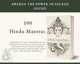 Könnte beinhalten: Ein E-Book mit dem Titel "100 Hindu Mantras" mit cremefarbenem Einband und einer Illustration einer Gottheit. Der Text "Awaken the Power of Sacred Sound" steht oben. Das Buch bietet Anleitung für Heilung, inneren Frieden und höheres Bewusstsein.