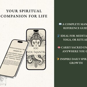 May include: Two smartphones displaying spiritual content. One shows text in a script, the other features a detailed illustration of a deity and the text "100 Hindu Mantras." The image includes the text "Your Spiritual Companion for Life."
