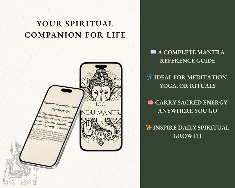 May include: Two smartphones displaying spiritual content. One shows text in a script, the other features a detailed illustration of a deity and the text "100 Hindu Mantras." The image includes the text "Your Spiritual Companion for Life."