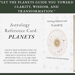 May include: An astrology reference card titled "PLANETS" with a circular zodiac chart illustration. The card is part of a series offering an overview of planets, nodes, and celestial points. The text reads, "Let the planets guide you toward clarity, wisdom, and transformation."