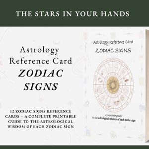 May include: A printable astrology reference card set titled "ZODIAC SIGNS." The design features a circular zodiac chart with astrological symbols and the text "THE STARS IN YOUR HANDS." The set includes 12 reference cards, a complete guide to astrological wisdom.