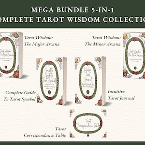 May include: A collection of tarot books and a journal. The set includes "Tarot Wisdom: The Major Arcana", "Tarot Wisdom: The Minor Arcana", "Complete Guide To Tarot Symbol", "Intuitive Tarot Journal", and "Tarot Correspondence Table". The text "MEGA BUNDLE 5-IN-1 COMPLETE TAROT WISDOM COLLECTION" is at the top.