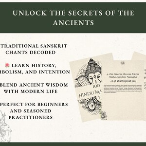 May include: Cards with Sanskrit chants and illustrations. Text includes "Unlock the Secrets of the Ancients," "Traditional Sanskrit Chants Decoded," and "Learn History, Symbolism, and Intention." The cards are designed for beginners and seasoned practitioners.