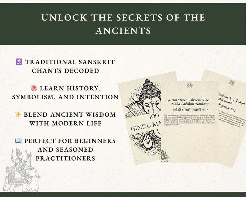 May include: Cards with Sanskrit chants and illustrations. Text includes "Unlock the Secrets of the Ancients," "Traditional Sanskrit Chants Decoded," and "Learn History, Symbolism, and Intention." The cards are designed for beginners and seasoned practitioners.