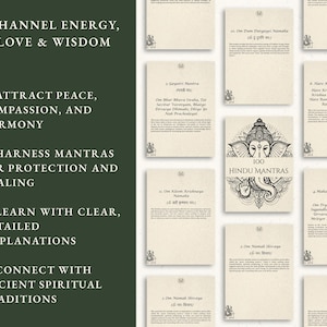 May include: A collection of cream-colored cards with text and illustrations, including a central card titled "100 Hindu Mantras." The cards feature various mantras and are arranged against a dark green background with text that reads "Channel Energy, Love & Wisdom."