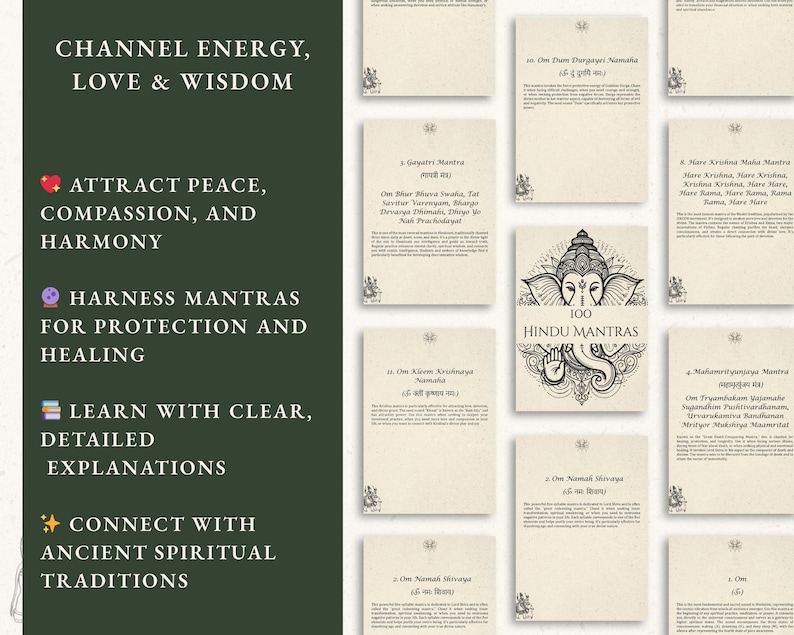 May include: A collection of cream-colored cards with text and illustrations, including a central card titled "100 Hindu Mantras." The cards feature various mantras and are arranged against a dark green background with text that reads "Channel Energy, Love & Wisdom."