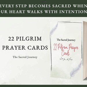 Può includere: Un'immagine mostra un mazzo di 22 carte di preghiera per pellegrini, intitolato "The Sacred Journey". La copertina presenta il titolo e un bordo decorativo con elementi botanici. L'immagine include la citazione: "Ogni passo diventa sacro quando il tuo cuore cammina con intenzione."