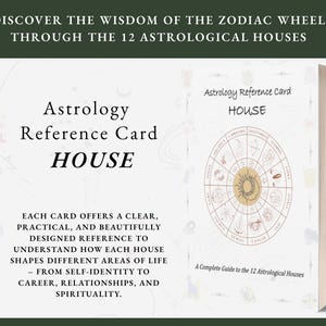 Può includere: Una carta di riferimento astrologica intitolata "HOUSE" con un'illustrazione della ruota zodiacale. La carta fa parte di una serie che esplora le 12 case astrologiche, offrendo una guida per comprendere aree della vita come la carriera e le relazioni.