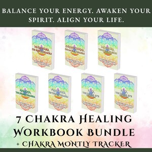 Op de afbeelding: Een bundel van zeven werkboeken met kleurrijke chakra-illustraties. De tekst luidt "7 Chakra Healing Workbook Bundle + Chakra Monthly Tracker" en "Balance Your Energy. Awaken Your Spirit. Align Your Life."