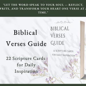 Può includere: Una guida intitolata "Biblical Verses Guide" con il testo "22 Schede di Scrittura per l'ispirazione quotidiana". L'immagine presenta uno sfondo chiaro con accenti floreali e la citazione, "LASCIA CHE LA PAROLA PARLI ALLA TUA ANIMA - RIFLETTI, SCRIVI E TRASFORMA IL TUO CUORE UN VERSO ALLA VOLTA."