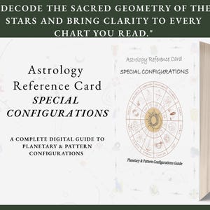 Può includere: Una carta di riferimento astrologica intitolata "Configurazioni Speciali" con un grafico circolare con simboli zodiacali. La carta è accompagnata dal testo: "Decodifica la geometria sacra delle stelle e porta chiarezza a ogni tema natale che leggi."