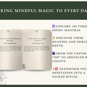 May include: An open book with text in English and Sanskrit, featuring the title "Bring Mindful Magic to Every Day." The book highlights 100 Hindu mantras, their meaning, and spiritual depth, from "Om" to advanced Bija chants, transforming meditation into a sacred ritual.