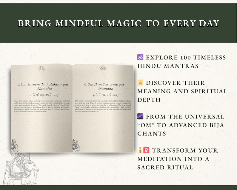 May include: An open book with text in English and Sanskrit, featuring the title "Bring Mindful Magic to Every Day." The book highlights 100 Hindu mantras, their meaning, and spiritual depth, from "Om" to advanced Bija chants, transforming meditation into a sacred ritual.